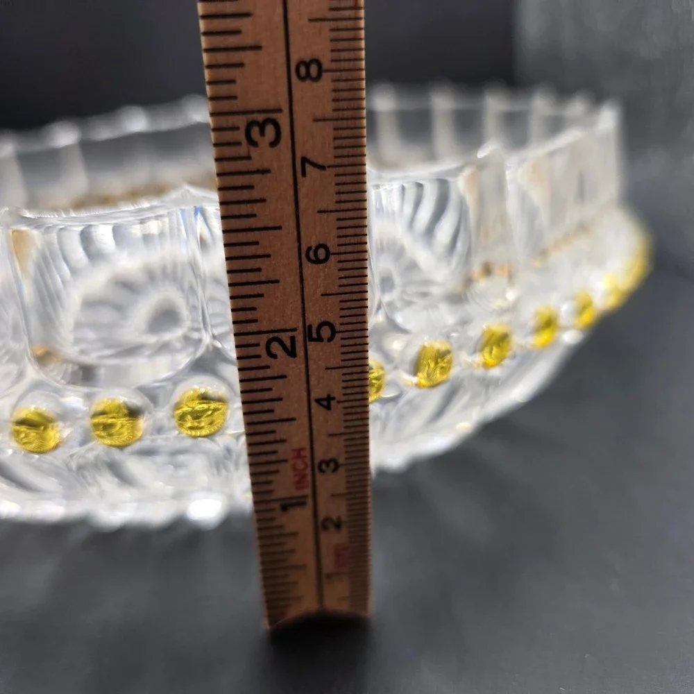 Vintage Pressed Glass Bowl Scalloped Edge Amber Bead Trim Clear Centerpiece 8.5
